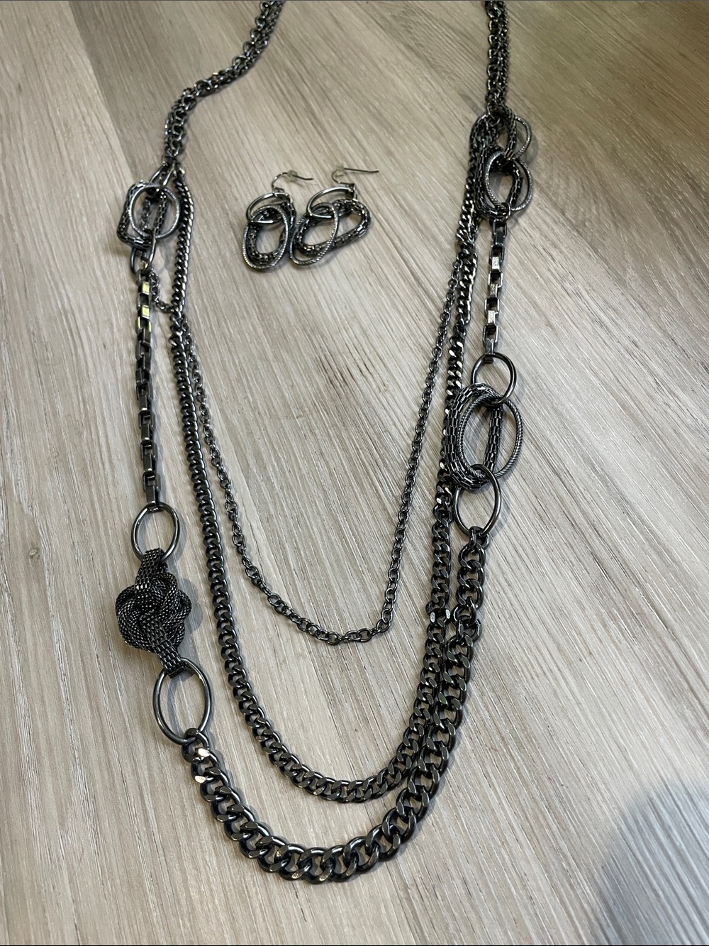 Multi-Strand Gunmetal Chain Necklace with Matching Earrings - Women Jewelry